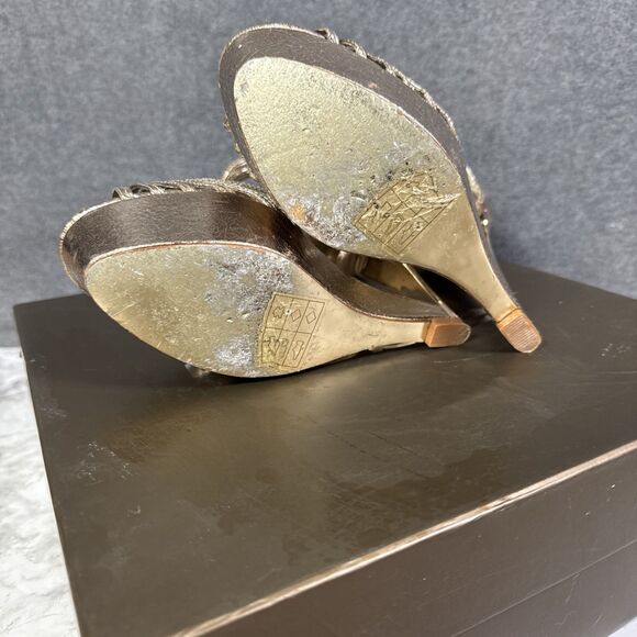 BEBE Celia Lace Wedge Platform Sandal Heels - Size 9 Medium - Gold - Picture 3 of 6